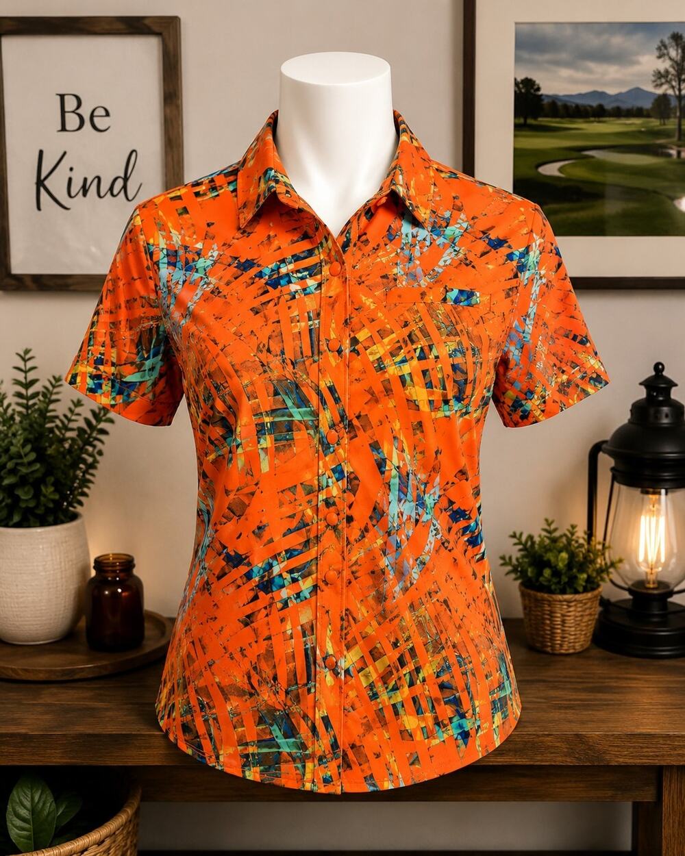 All In Motion Women's Small Orange Snap Button Short Sleeve Back To School